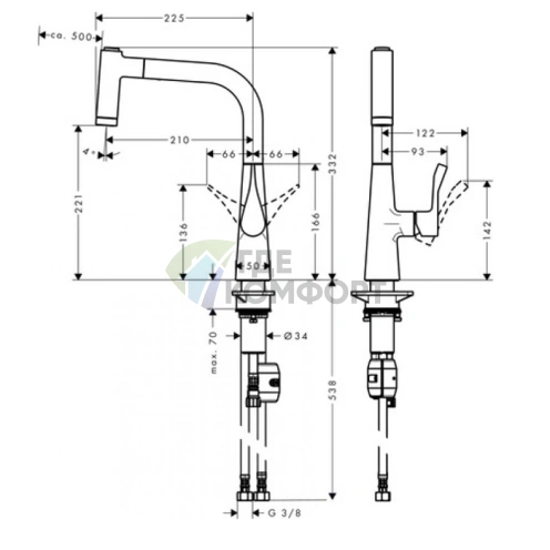 Кухонный смеситель Hansgrohe Metris с выдвижным изливом и монтажом в 1 отверстие (14834800) - фото 2