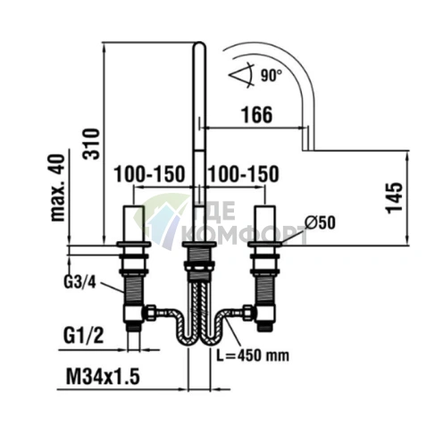Смеситель для раковины Laufen Kartell на 3 отверстия с поворотным изливом, хром (3.1233.3.004.220.1) - фото 2