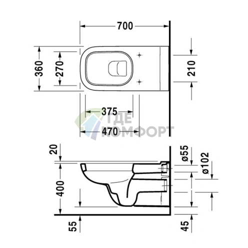 Подвесной унитаз Duravit D-Code для маломобильных граждан: вертикальный смыв, размер 360x700 мм, белый (22280900002) - фото 2