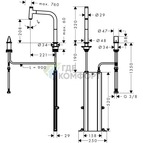 Смеситель для кухни Hansgrohe Metris Select M71 с выдвижным душем и поворотным изливом (73804000) - фото 2