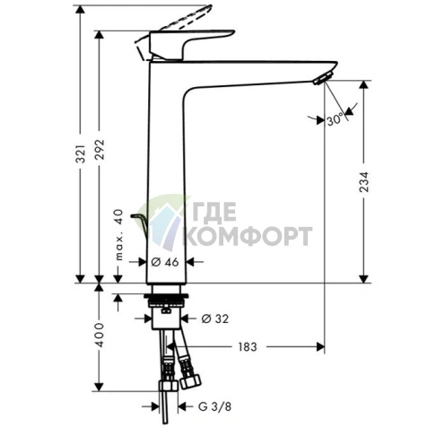 Смеситель для раковины Hansgrohe Talis E с донным клапаном, хром (71716000) - фото 2