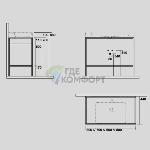 Раковина подвесная KERASAN Cento 80x45 с отверстием под смеситель, цвет Grigio matt (353359*1 Grigio matt) - фото 2