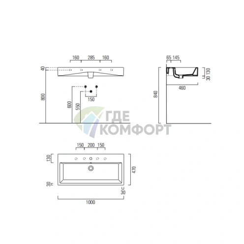 Раковина GSI Kube 100x47 см с переливом, 1 отверстие под смеситель, белый цвет - фото 2