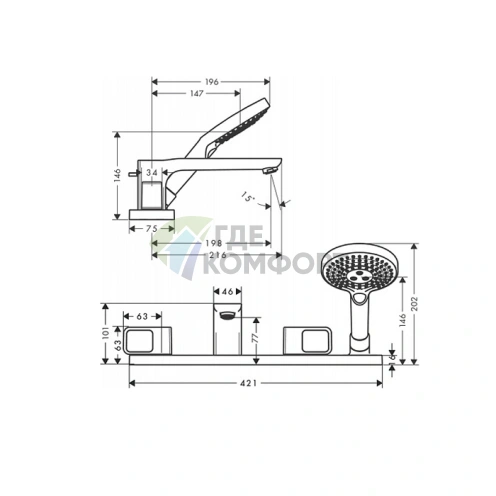Смеситель AX Urquiola для монтажа на край ванны, цвет сталь (11443800) - фото 2
