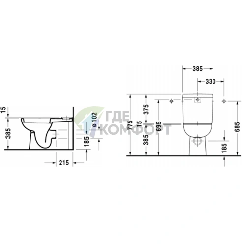 Унитаз Duravit D-Code моноблок с отдельным бачком, 650x355 мм, белый (21180900002) - фото 2