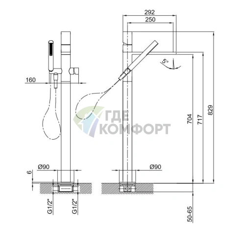 Напольный смеситель для ванны Fantini Milano с ручным душем, цвет Matt Gun Metal PVD (31 P5 3080B) - фото 2