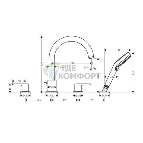 Смеситель для ванны Hansgrohe Vernis Blend с ручным душем, хром (71456000) - фото 2
