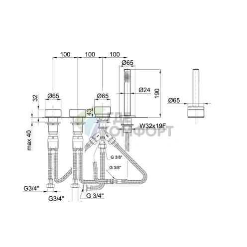 Смеситель Fantini AF/21 для установки на борт ванны, 4 отверстия, без излива, Matt Copper PVD (27 P9 A267) - фото 2