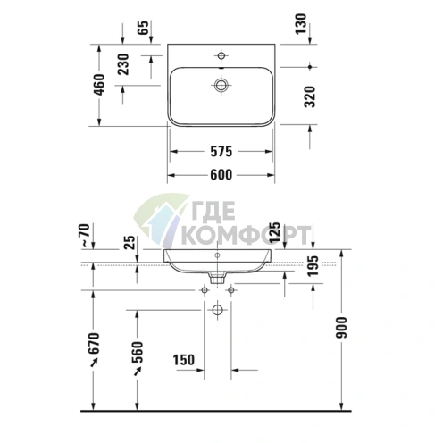 Раковина Duravit Happy D2 Plus 600x460 мм с переливом, без отверстия под смеситель, цвет Anthracite matt-белый (2360606100) - фото 4