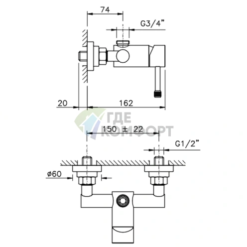Смеситель для душа Nicolazz Arena настенный на 2 отверстия с верхним выводом 3/4 хром (3725CR56M) - фото 2