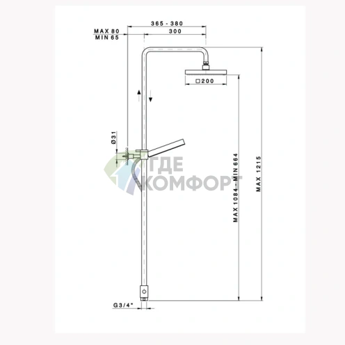 Душевая стойка Nicolazzi Doccia с квадратной лейкой 200 мм, переключателем и ручным душем в хроме (5715WSCR20) - фото 2