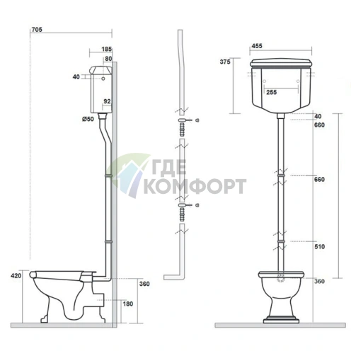 Подвесной бачок для унитаза KERASAN Retro 1011/1010, черный глянцевый (108004 nero) - фото 2