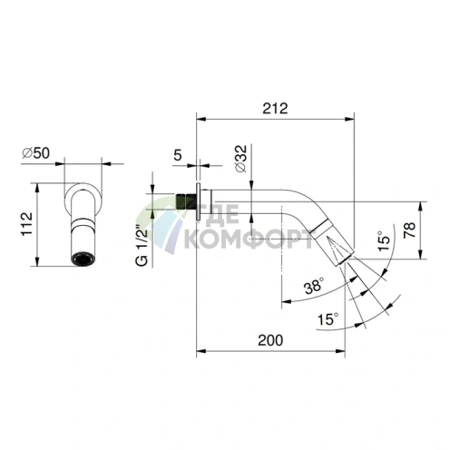 Верхний душ Fantini AA/27 32 мм с настенным держателем 200 мм в матовом исполнении из натуральной стали (81 93 8126) - фото 2