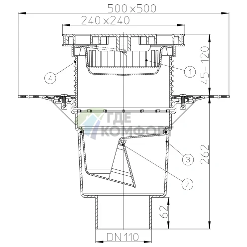 Трап HL616HL с пластиковой решеткой 226х226-незамерзающим запахозапирающим устройством-грязеуловителем-полимербитумным полотном и вертикальным выпуском DN110/DN60 - фото 3