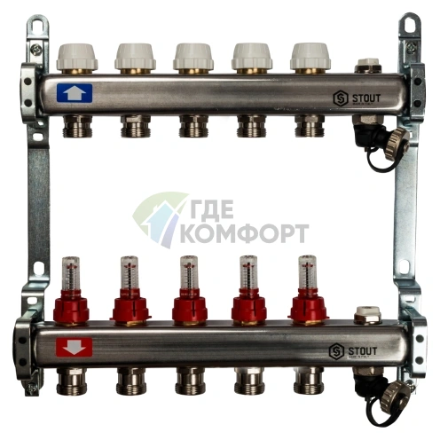Коллекторная группа с запорными кранами из нержавеющей стали с расходомерами на 5 выходов STOUT - фото 1