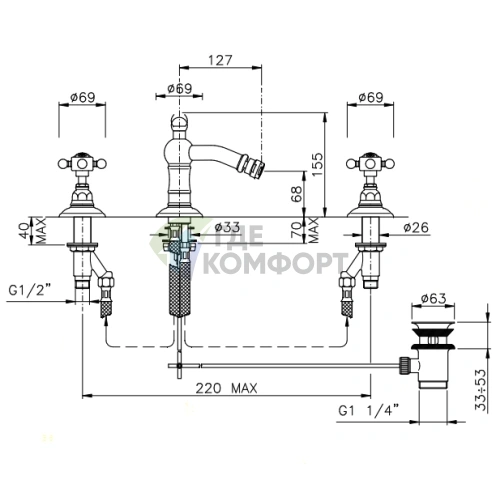 Смеситель для биде Nicolazzi P.m. Blanc на 3 отверстия с донным клапаном, тёмная бронза (1415DB78) - фото 2