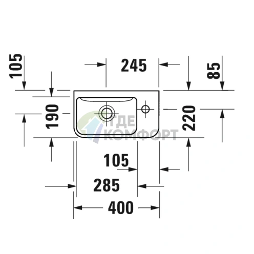 Подвесная раковина Duravit ME by Starck 40x22 см, белая, с отверстием справа (717400000) - фото 2