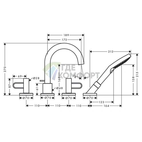 Смеситель для ванны AX Uno на 4 отверстия с ручным душем и рукоятками-петлями, хром (38445000) - фото 2