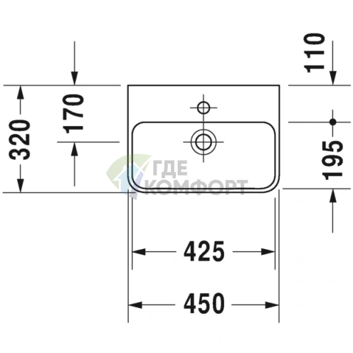 Умывальник Duravit ME by Starck 450x320 мм с полкой под смеситель, белый (719450010) - фото 2