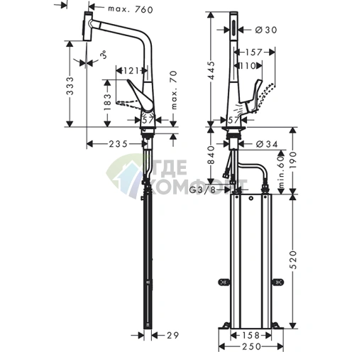 Кухонный смеситель Hansgrohe Metris M71 с выдвижным душем и sBox (73816800) - фото 2
