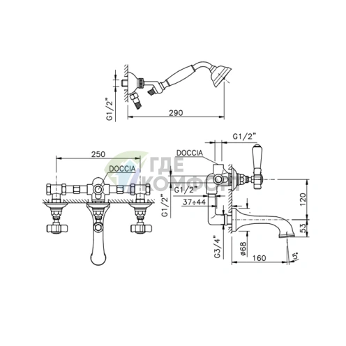 Смеситель для душа Nicolazzi Dames Anglaises встраиваемый, бронза (ручной душ, излив 160 мм) (1403BZ18) - фото 2