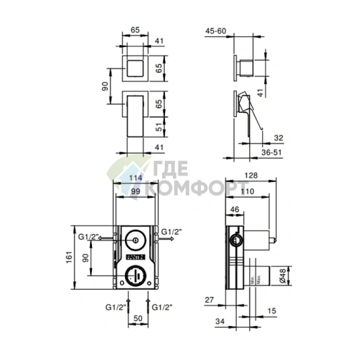 Встраиваемый смеситель для душа Fantini Mint на 2 выхода (1/2, наружнее подключение), хром (34 02 F181B) - фото 2
