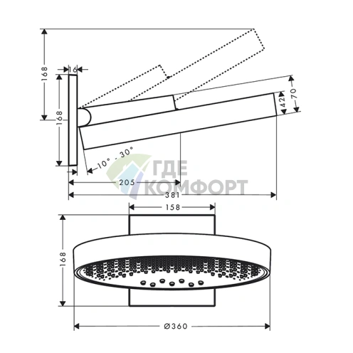 Верхний душ Hansgrohe Rainfinity 360 мм: 3 вида струи в стильном исполнении графит/хром (26234000) - фото 2