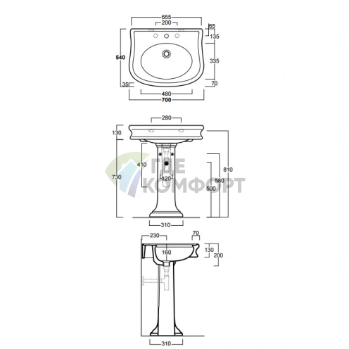 Раковина SIMAS Lante 70 70x54x13 белая с пьедесталом и отверстием под смеситель - фото 2