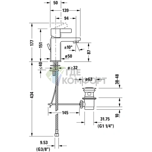 Смеситель для раковины Duravit D-Neo с донным клапаном и EcoStart, хром (DE1011001010) - фото 2
