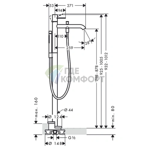 Напольный смеситель для ванны AX Uno с ручным душем, хром (38442000) - фото 2
