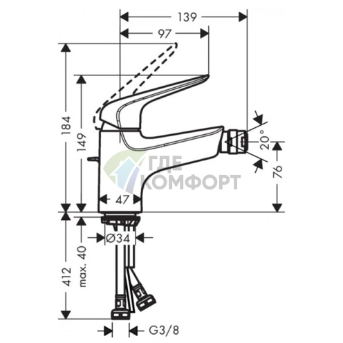 Смеситель для биде Hansgrohe Novus (70 на 1 отв., донный клапан, хром) (71142000) - фото 2