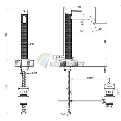 Смеситель для раковины GESSI 316 высокий, цвет Brushed Black Metal PVD (54403#707) - фото 2