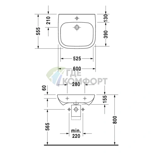 Медицинская раковина Duravit D-Code 600x550 мм без перелива, белая (23136000002) - фото 2