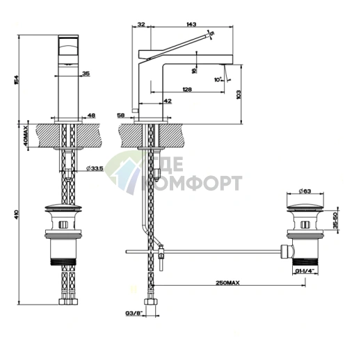 Gessi Rettangolo K — Прямоугольный смеситель для раковины с донным клапаном в хроме (53001#031) - фото 2