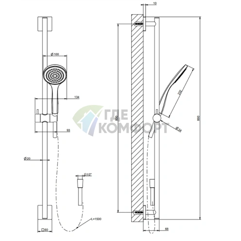 GESSI Rilievo: Душевая штанга с лейкой и шлангом 1,5 м в цвете Nero XL (59245#299) - фото 2
