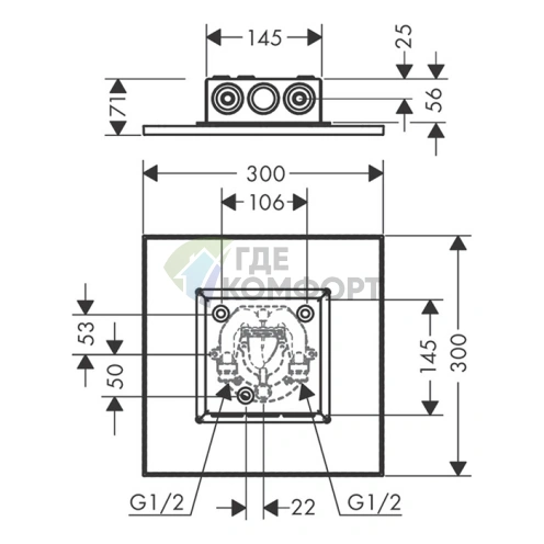 Верхний душ AX ShowerSolution 300x300 мм, хром, 1 форсунка, потолочный монтаж (35317000) - фото 2