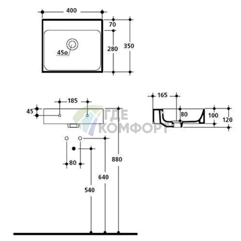 Раковина KERASAN Cento 40х35 подвесная без отв под смесительитель белая - фото 2