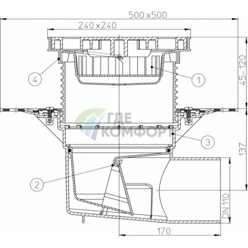 Трап HL615HL с решеткой в подрамнике 226x226 мм-гидроизоляционным полотном и горизонтальным выпуском DN110 - фото 3