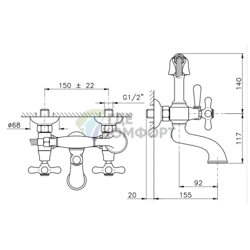 Смеситель для ванны Nicolazzi Nuova Brenta настенный с двумя ручками и душевой лейкой в бронзе (2501BZ) фото 2