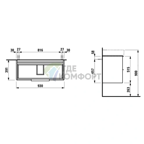 LAUFEN Base: Подвесная тумба под раковину 930х390х530 мм с 2 ящиками, белая глянцевая (4.0241.2.110.261.1) - фото 2