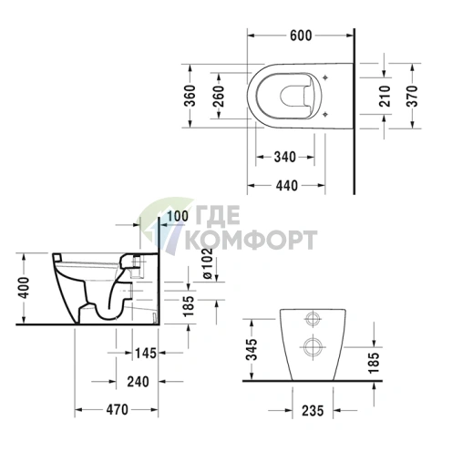 Унитаз Duravit ME by Starck напольный пристенный с горизонтальным стоком 4,5 л 370x600 мм белый с WonderGliss (21690900001) - фото 2