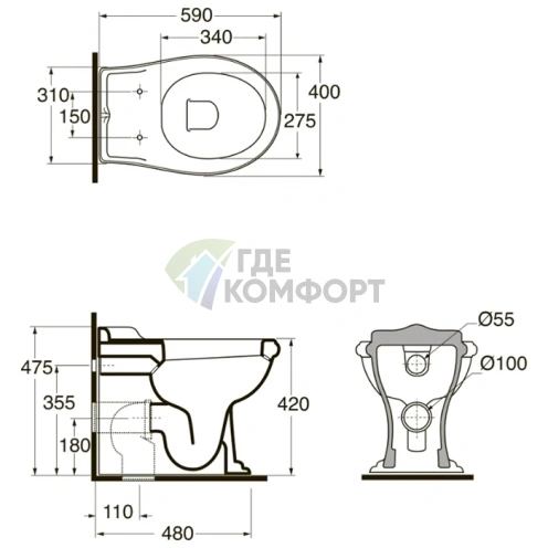 Унитаз напольный приставной AZZURRA JUBILAEUM с верхним сливом, белый (JUB110/P bi)) - фото 2