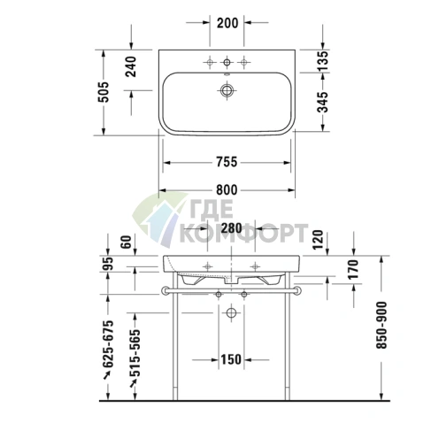 Раковина Duravit Happy D2 для мебели, белая, 800x505 мм, с отверстиями под смеситель (2318800030) - фото 2
