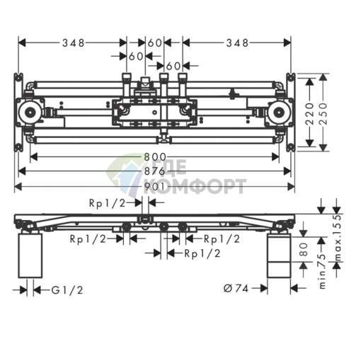 Скрытая душевая система AX ShowerHeaven 1200x300 мм, 4 форсунки (10922180) - фото 2