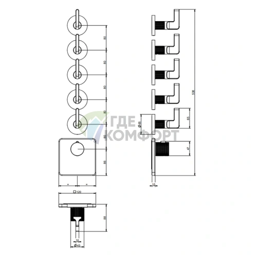 Встраиваемый термостатический смеситель GESSI INCOSO на 5 источников (3/4 дюйма), хром (58220#031) - фото 2