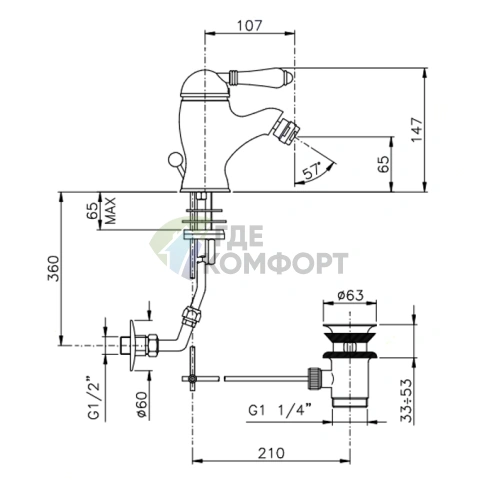 Смеситель для биде Nicolazzi P.m. Blanc с донным клапаном и керамическими ручками, хром (3403CR76) - фото 2
