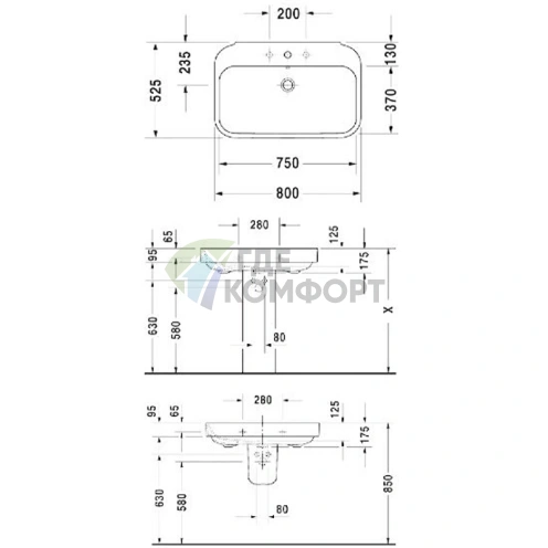 Раковина DURAVIT Happy D2 80x52,5 см с отверстием под смеситель и слив-переливом, белая (2316800000) - фото 4
