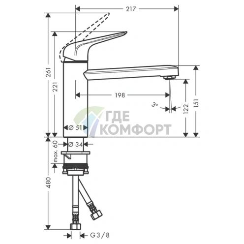 Кухонный смеситель Hansgrohe Focus M42: однорычажный, поворотный излив, цвет под сталь (71806800) - фото 2