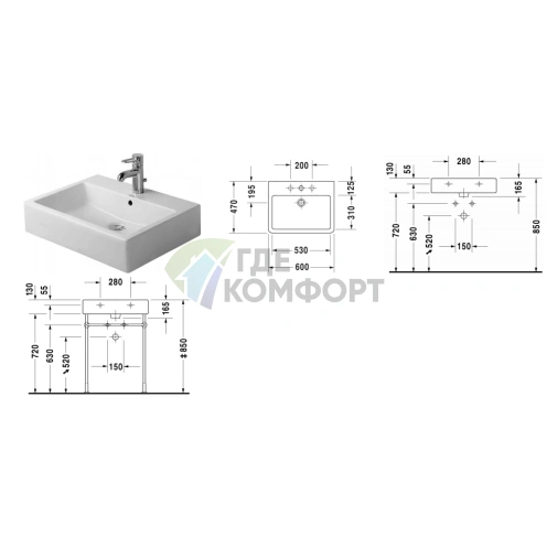 Умывальник Duravit Vero 600 мм шлифованный белый без перелива (454600073) - фото 2