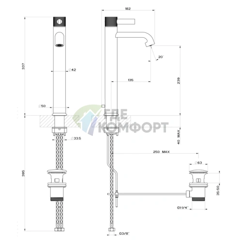 Смеситель для раковины GESSI INCISO высокий с донным клапаном, цвет Finox (58003#149) - фото 2
